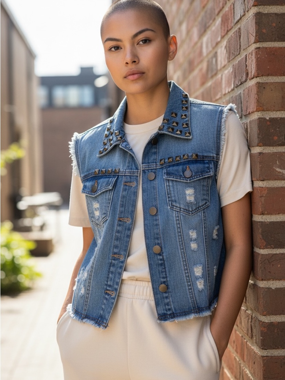 UK2LA JEANS Studded Distressed Light Blue Denim Vest size large